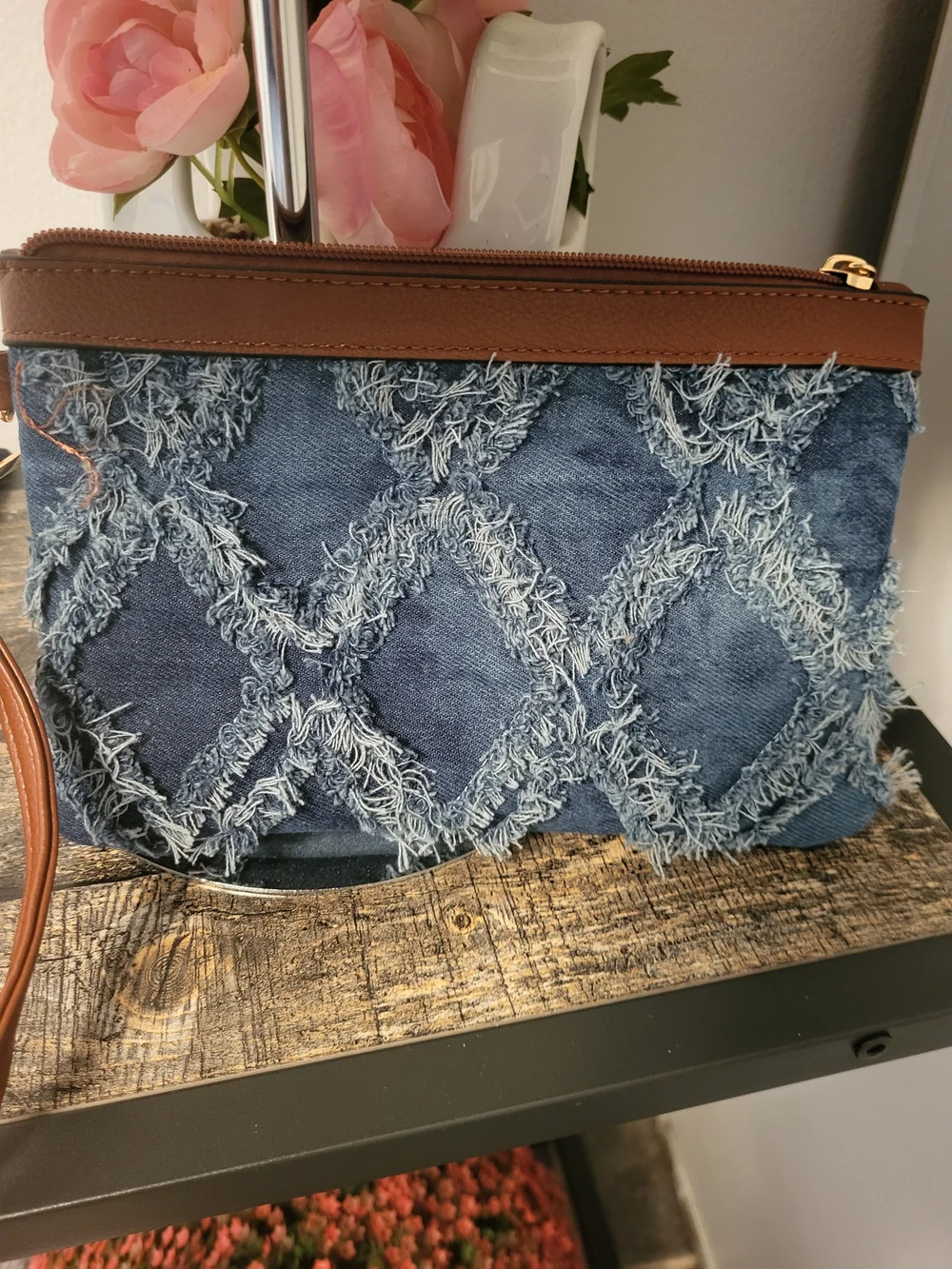 Blue Distressed Denim Tote with Brown Vegan Trim 3 Piece Set  13.5